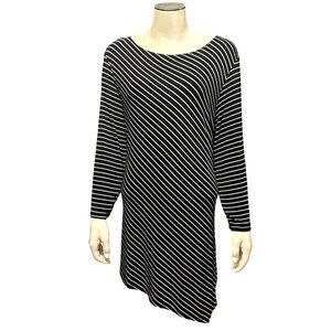 Chicos Black White Striped Asymmetrical Long Sleeve Tunic Dress Modern Chic Size